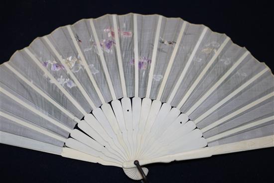A Japanese ivory and embroidered silk fan